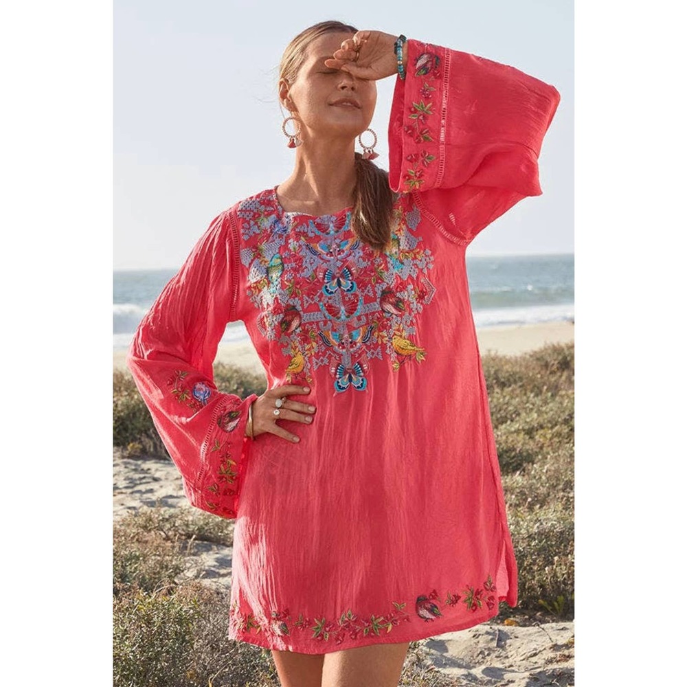 NWT Johnny Was Farfalla Blouse Tunic Embroidered Pink Butterfly XL Boho